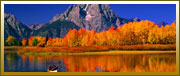 A scenery of a mountain behind Autumn color trees by a lake.